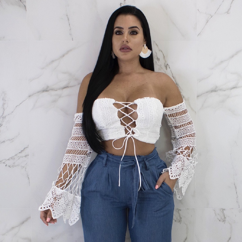 Lace Bell Sleeve Crop Top - Picture 1 of 8